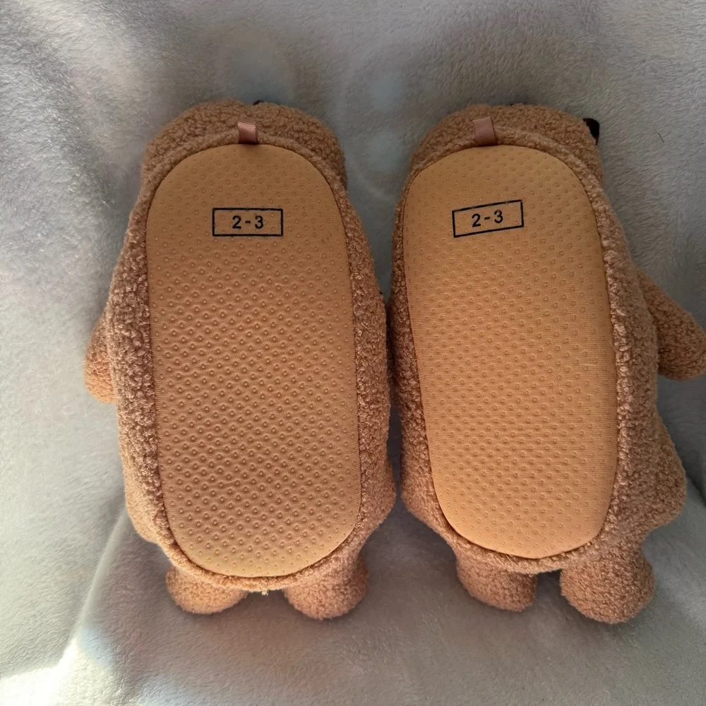 Gingerbread Man Plush Slippers with Red Bow Girls Size 2-3 New Faux Fur Slip On
